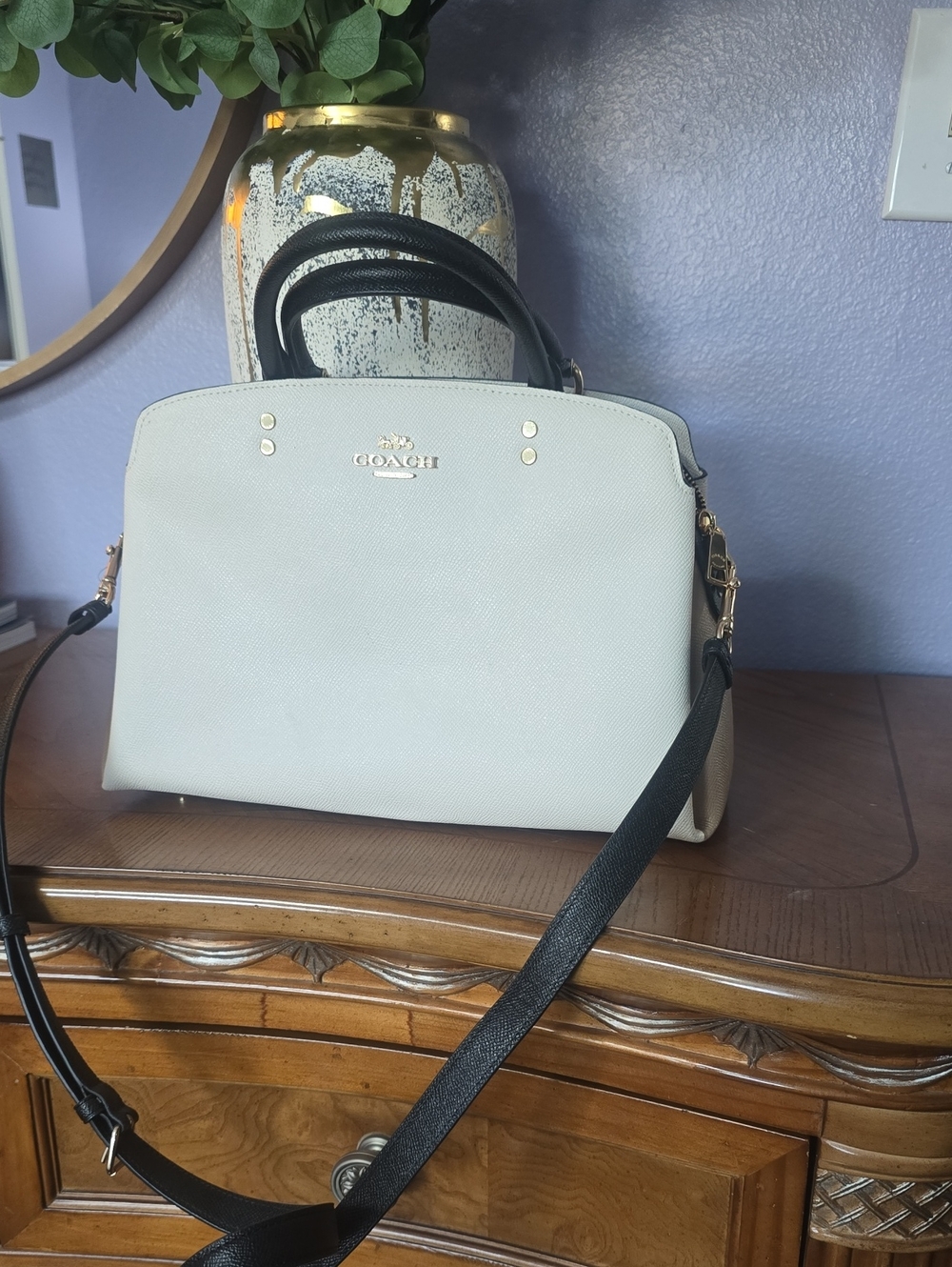 Coach Two-Tone White and Black Saffiano Satchel
